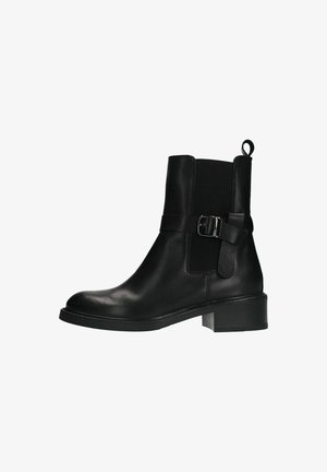 Black leather ankle boot with elastic side panels, a buckle accent, and a textured heel. The design features a smooth finish and pull tab.
