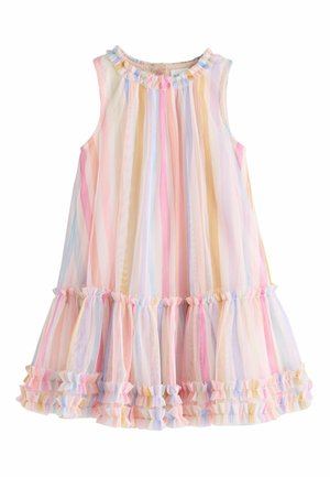 Ærmeløs kjole med pastelstriber og flæset halsudskæring og kant, med bløde lodrette striber i lyserød, blå, gul og hvid.