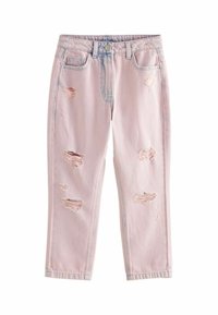 Světle růžové džíny z denimu s poškozením, obsahující několik roztržení a tradiční pětipocketový design, střižené s rovnými nohavicemi.