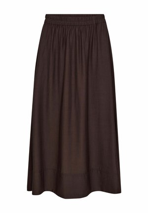 Jupe marron foncé longueur cheville avec taille élastique et coutures discrètes près de l'ourlet, en tissu léger.