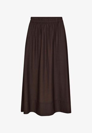 Jupe marron foncé longueur cheville avec taille élastique et coutures discrètes près de l'ourlet, en tissu léger.