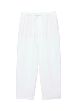 Fehér, bő szabású nadrág elasztikus derékpánttal és húzózsinórral, oldalzsebekkel és egyenes szárú kialakítással.
