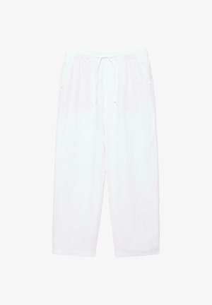 Pantaloni bianchi a taglio largo con vita elastica e coulisse, dotati di tasche laterali e design a gamba dritta.