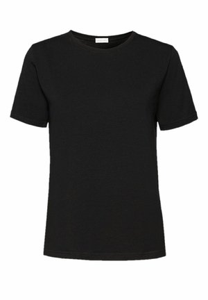 Tricou din bumbac negru, cu guler rotund, mâneci scurte și o croială standard. Textură netedă, fără modele sau ornamente.