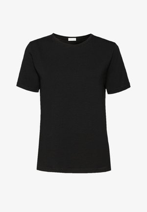 Black cotton t-shirt with a round neckline, short sleeves, and a standard fit. Smooth texture with no patterns or embellishments.