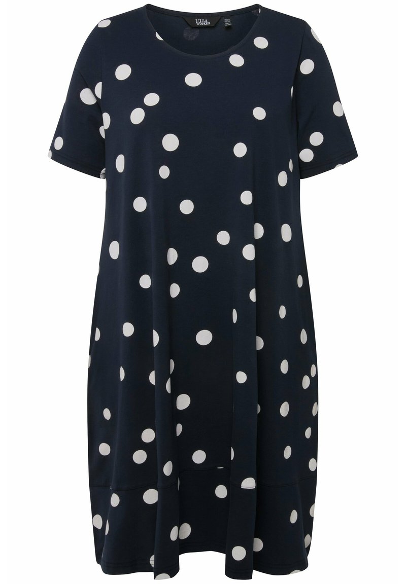 Navy-Kleid mit weißen Punkten, kurzen Ärmeln, rundem Ausschnitt und locker sitzendem Schnitt. Hergestellt aus weichem Stoff mit glatter Textur.