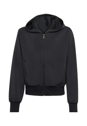 Sudadera negra con capucha y cremallera, mangas largas, puños y dobladillo acanalados, y un logo sutil en el pecho.