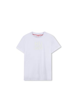 T-shirt en coton blanc à manches courtes, présentant un logo "HUGO" en jaune clair, doux et légèrement en relief, sur le devant.