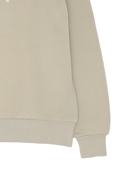 Felpa beige con maniche e orlo inferiore a coste, polsini a costine e un piccolo dettaglio di tessuto cucito a forma di triangolo vicino all'angolo in alto a sinistra.