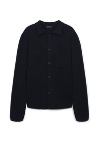 Schwarze Knopf-Cardigan mit Kragen, zwei Vorderseiten-Taschen, geripptem Muster und lockerer Passform. Hergestellt aus einem weichen Strickmaterial.