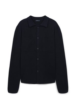 Black button-up cardigan with a collar, two front pockets, ribbed texture, and a relaxed fit. Made from a soft knit material.
