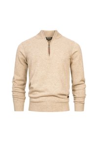Beige stickad tröja med kvartdragkedja och hög krage, som har ribbade manschetter och nederkant, tillverkad av mjukt, texturerat tyg.