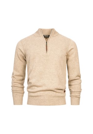 Pullover in maglia beige con zip a un quarto e colletto alto, dotato di polsini e orlo a coste, realizzato in tessuto morbido e dalla texture particolare.