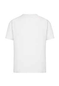 White cotton t-shirt, short sleeves, round neckline, standard fit, smooth texture, no patterns or graphics, plain back view.