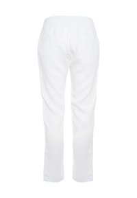 Witte linnen broek met een elastische tailleband, voorzien van een rechte pijp en twee achterzakken; gladde, lichtgewicht textuur.