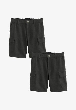 Tumedates hallid cargo lühikesed püksid elastse vöökohtaga, mitmete küljetaskutega ja sileda tekstuuriga. Valmistatud vastupidavast kangast.