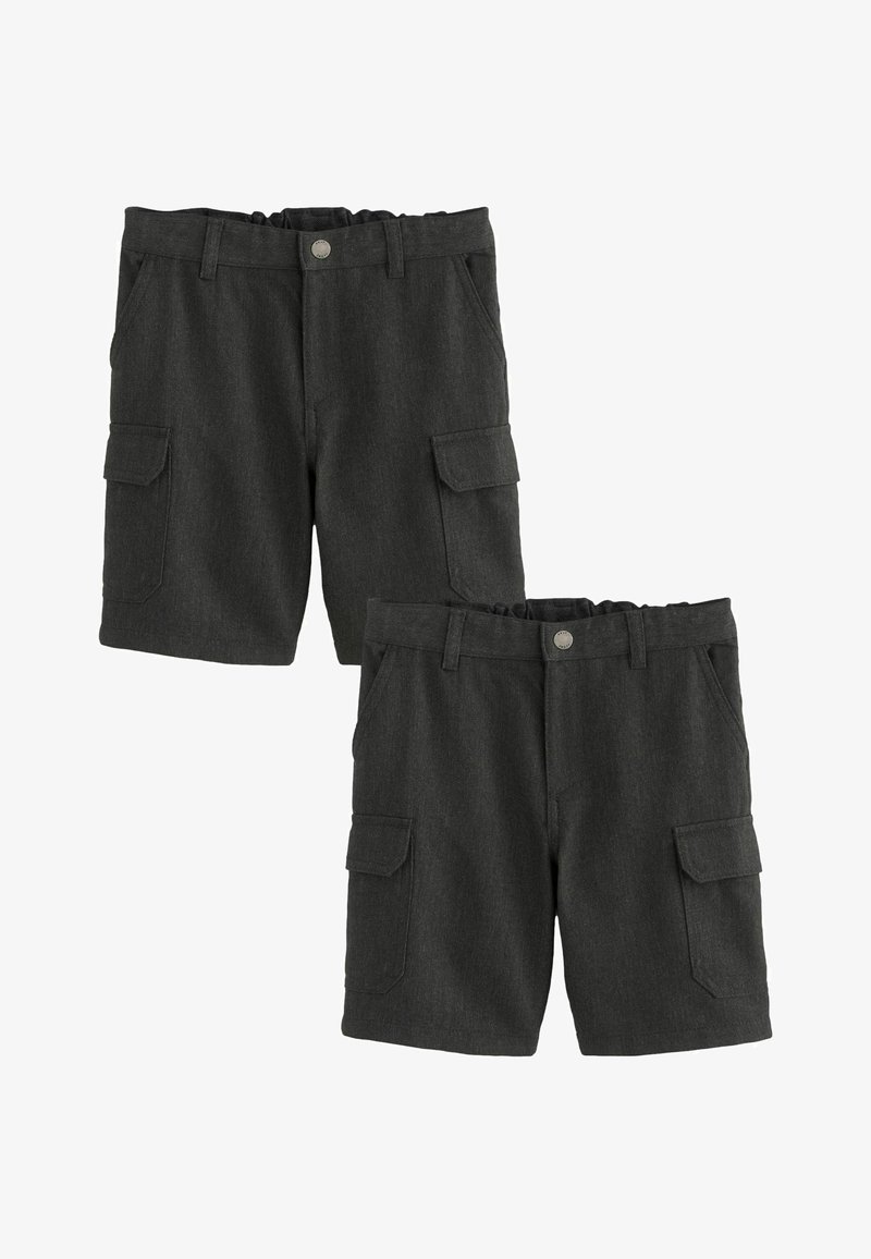 Shorts cargo griși închis, cu talie elastică, multiple buzunare laterale și o textură netedă. Construiți dintr-un material durabil.