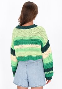 Gr�üner und cremefarbener gestreifter Strickpullover mit Rundhalsausschnitt und langen Ärmeln, der eine verkürzte Passform und ein strukturiertes, offenes Strickmuster aufweist.