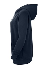 Navyblauwe hoodie met een trekkoordkap, lange mouwen, ribgebreide manchetten en een voorzak met een gladde textuur. Zijkant.
