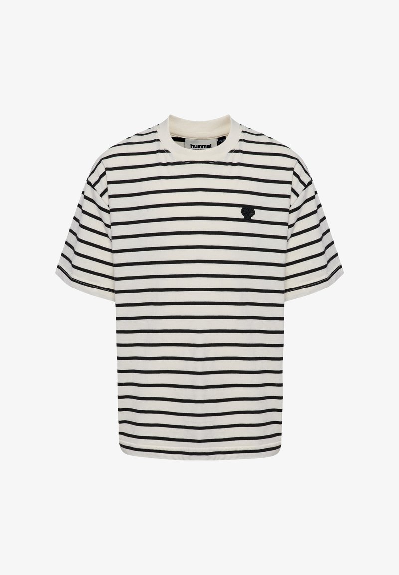 Zwart-witte gestreepte t-shirt met korte mouwen en een ronde halslijn, voorzien van een klein geborduurd logo op de linkerkant van de borst. Gemaakt van katoen.