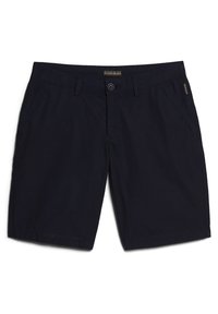 Pantaloni corti blu navy in tessuto twill, con chiusura a bottone, passanti per cintura e tasche laterali. Vestibilità tailored con bordi puliti.