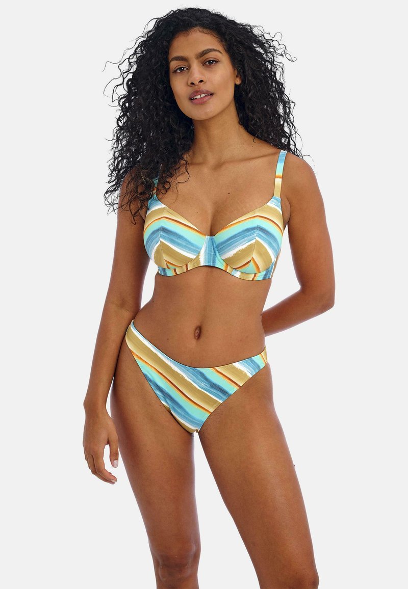 Gestreepte bikini in blauw, goud en wit. Zacht materiaal met ondersteuning van onderdraad, voorzien van brede schouderbanden en hoog uitgesneden bikinibroekjes.