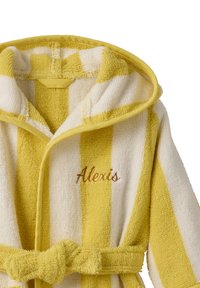Yellow and white striped bathrobe with a hood. Made of textured terry cloth. Includes a waist tie and embroidered name "Alexis."