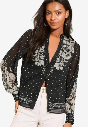 Lipsy LIPSY BUTTON THROUGH V NECK LONG SLEEVE PRINTED BLOUSE. - REGULAR FIT - Camicetta - black white