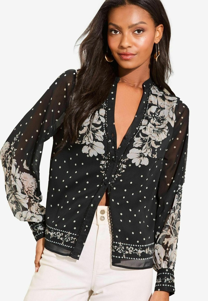 Lipsy LIPSY BUTTON THROUGH V NECK LONG SLEEVE PRINTED BLOUSE.  - REGULAR FIT - Blúz - black white