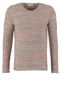 Pull tricoté multicolore à manches longues avec encolure ronde et petite étiquette de marque près de l'ourlet sur fond blanc.