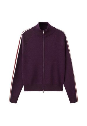 Vijoličen pulover z zadrgo, visokim ovratnikom in rdečimi ter belimi črtami, ki potekajo po celotnih obeh rokavih.