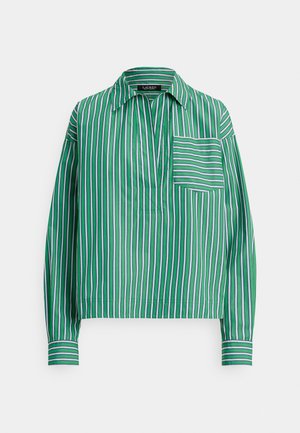 Grün-weiß gestreiftes Hemd mit langen Ärmeln, einem Kragen und einer Brusttasche. Hergestellt aus einem leichten, glatten Stoff.