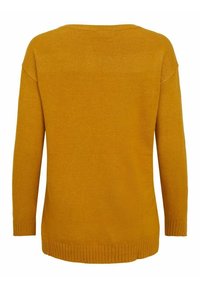 Pull en maille jaune moutarde à manches longues avec poignets et ourlet côtelés, vu de dos.