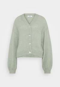 Světlounce zelený zkrácený kardigan z měkké pletené látky. Má výstřih do V, zapínání na knoflíky a žebrované manžety pro pohodlný střih.