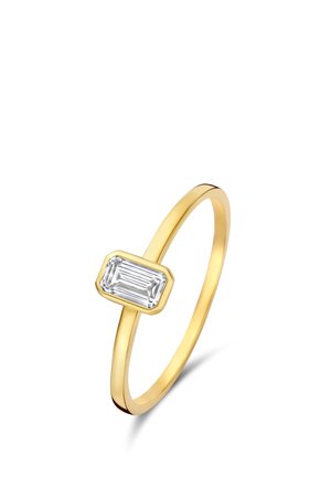 Dünner Goldring mit einem rechteckigen, smaragdgeschliffenen, klaren Edelstein, der horizontal in einer einfachen Zargenfassung gefasst ist.