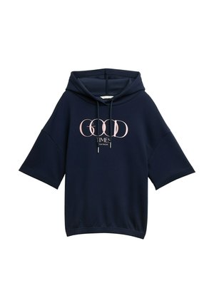 Dunkelblaues Hoodie mit kurzen Ärmeln, mit einem pinken grafischen Text "GOOD TIMES" in der Mitte und verstellbarem Zugband an der Kapuze.
