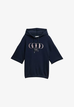 Granatowy hoodie z krótkimi rękawami, z różowym napisem graficznym "GOOD TIMES" na środku oraz regulowanym sznurkiem w kapturze.