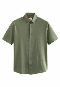 Chemise vert olive à manches courtes avec boutons, col boutonné et sept boutons sur le devant.
