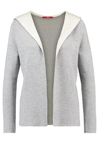 Ljusgrå öppen cardigan med långa ärmar och en mjuk vit innerhuva, visad mot en vit bakgrund.