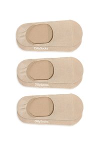 Beige Knöchelsocken mit glatter Textur, gepolstertem Zehenbereich und dem Logo "DillySocks." Drei Paar horizontal gestapelt.