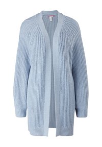 Cardigan bleu clair en tricot épais, avec un col châle et une ouverture à l'avant. La texture est côtelée avec des manches tombantes.