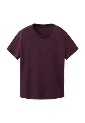 Maglietta a maniche corte, collo rotondo, di colore prugna, stesa su uno sfondo bianco.