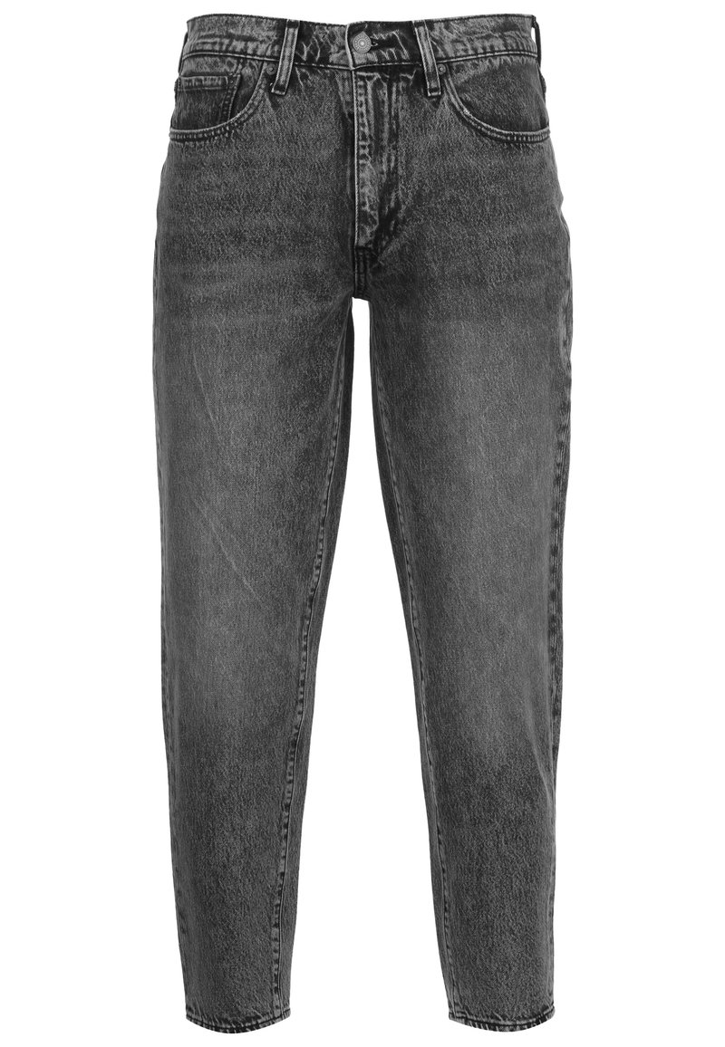 Musta haalistunut farkkuhousut korkealla vyötäröllä, edessä nappi, vyölenkit ja kaksi etutaskua.