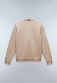 Sudadera beige hecha de un tejido suave, con cuello redondo, puños acanalados y un diseño elegante y minimalista que incluye un detalle de costura en la parte posterior.