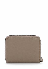 Leren ritsportemonnee in licht taupe, met een gestructureerd oppervlak, gladde randen en zilverkleurige hardware. Compact rechthoekig ontwerp.