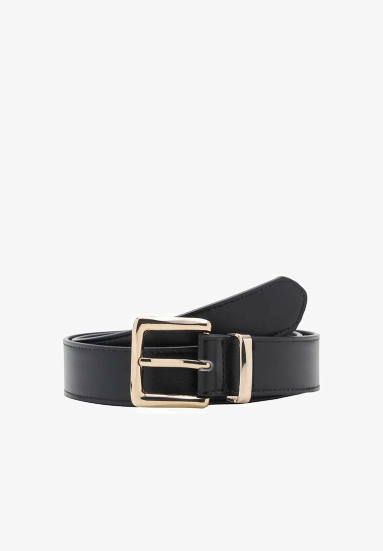 Black leather belt with a glossy gold-tone square buckle, featuring a smooth texture and a wide strap design.