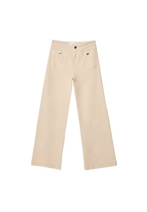 Beige weite Hosen aus weichem Baumwollstoff. Verfügt über zwei Gesäßtaschen mit abgerundeten Kanten und silberfarbener Knopf-Einfassung.