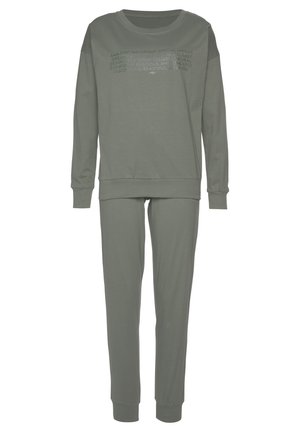 Gray cotton loungewear set featuring a sweatshirt with a crew neckline and printed text, paired with slim-fit pants and cuffed ankles.
