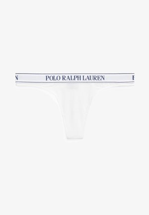 Valge puuvillane stringpüks, millel on elastne vöökoht, millel on tumesinistes tähtedes "POLO RALPH LAUREN", sile tekstuur ja voolujooneline disain.