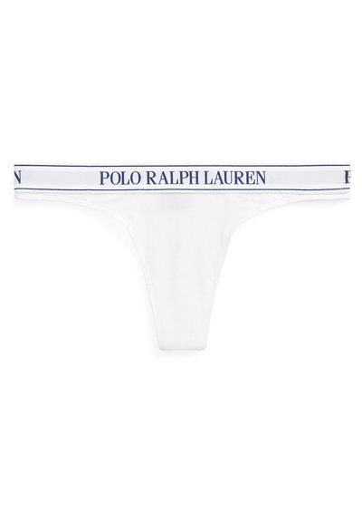 Balta kokvilnas stringi ar elastīgu jostu, kurā ir norakstīts "POLO RALPH LAUREN" tumši zilos burtiem, gluda tekstūra, elegants dizains.